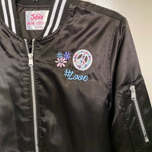 NEW Girls Justice Peace and Love Black Bomber Jacket Size XL 16/18 - Picture 6 of 11